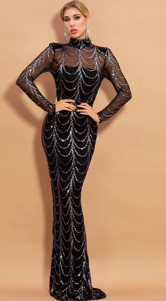 Black With Gold/Sliver Sequins Maxi Dresses Black With Gold/Sliver Sequins Maxi Dresses