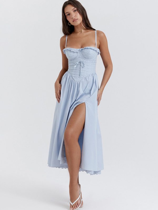 Blue Broderie Anglais Slit Midi Dress Blue Broderie Anglais Slit Midi Dress