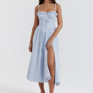 Blue Broderie Anglais Slit Midi Dress