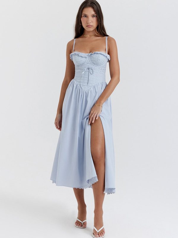 Blue Broderie Anglais Slit Midi Dress Blue Broderie Anglais Slit Midi Dress