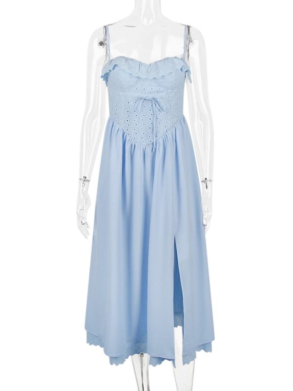 Blue Broderie Anglais Slit Midi Dress Blue Broderie Anglais Slit Midi Dress