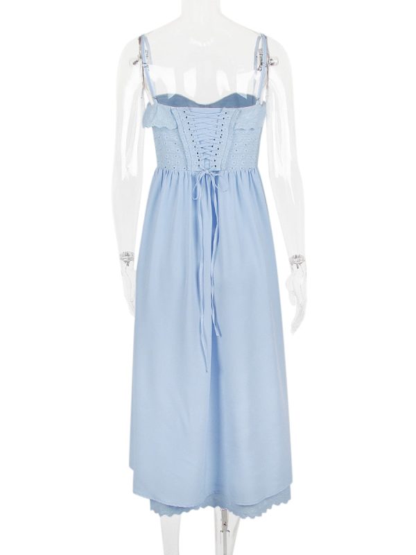 Blue Broderie Anglais Slit Midi Dress Blue Broderie Anglais Slit Midi Dress