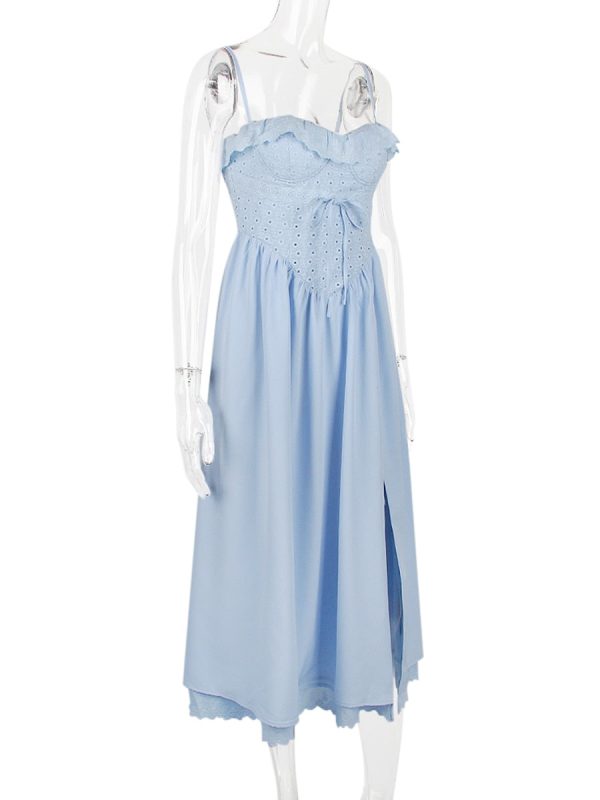Blue Broderie Anglais Slit Midi Dress Blue Broderie Anglais Slit Midi Dress