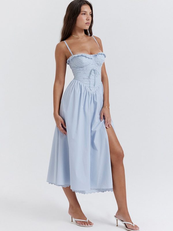 Blue Broderie Anglais Slit Midi Dress Blue Broderie Anglais Slit Midi Dress
