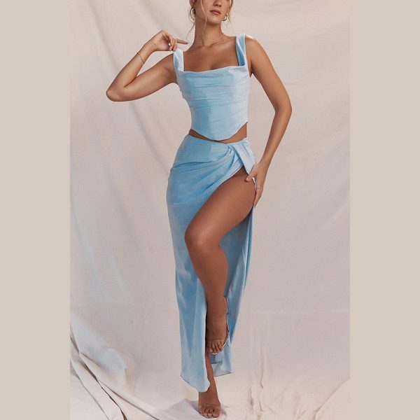 Blue Corset Top And Slit Maxi Skirt Set
