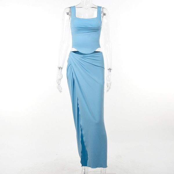 Blue Corset Top And Slit Maxi Skirt Set