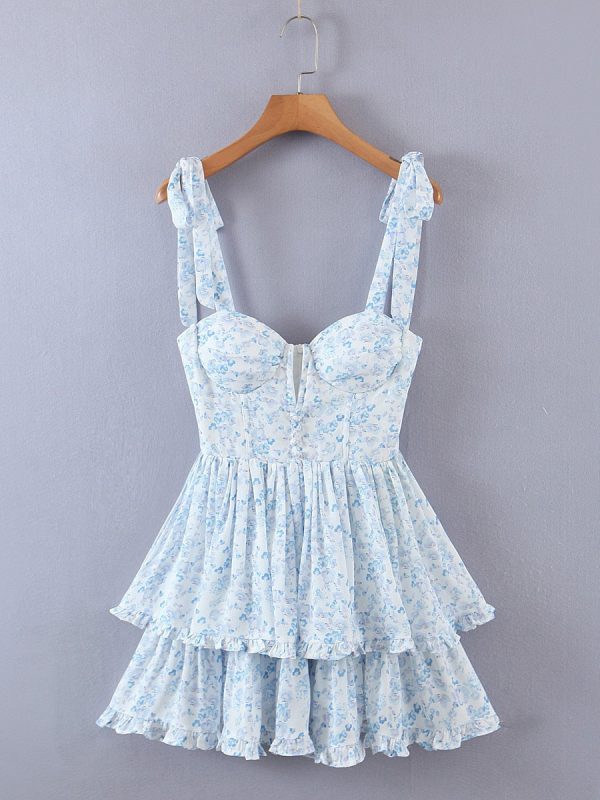 Blue Floral Bustier Tie Up Frill Mini Dress