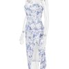 Blue Floral Print Bustier Strap Slit Midi Dress Blue Floral Print Bustier Strap Slit Midi Dress