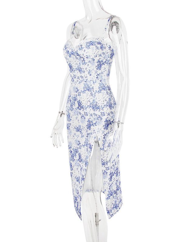 Blue Floral Print Bustier Strap Slit Midi Dress Blue Floral Print Bustier Strap Slit Midi Dress