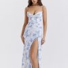 Blue Floral Print Bustier Strap Slit Midi Dress Blue Floral Print Bustier Strap Slit Midi Dress