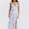 Blue Floral Print Bustier Strap Slit Midi Dress Blue Floral Print Bustier Strap Slit Midi Dress