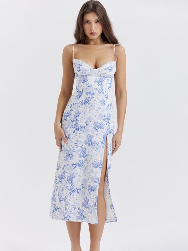Blue Floral Print Bustier Strap Slit Midi Dress Blue Floral Print Bustier Strap Slit Midi Dress