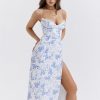 Blue Floral Print Bustier Strap Slit Midi Dress Blue Floral Print Bustier Strap Slit Midi Dress
