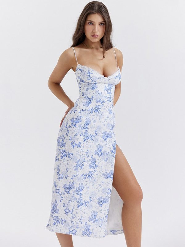 Blue Floral Print Bustier Strap Slit Midi Dress Blue Floral Print Bustier Strap Slit Midi Dress
