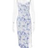 Blue Floral Print Bustier Strap Slit Midi Dress Blue Floral Print Bustier Strap Slit Midi Dress