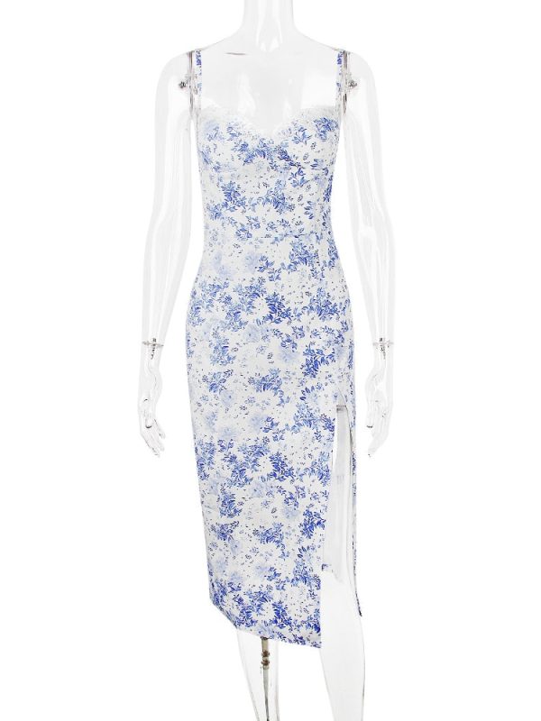 Blue Floral Print Bustier Strap Slit Midi Dress Blue Floral Print Bustier Strap Slit Midi Dress