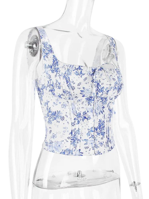 Blue Floral Print Hook Corset Top Blue Floral Print Hook Corset Top