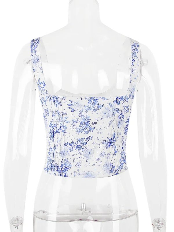 Blue Floral Print Hook Corset Top Blue Floral Print Hook Corset Top