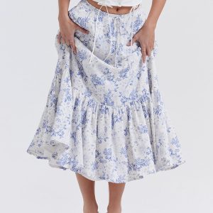 Blue Floral Print Midi Skirt
