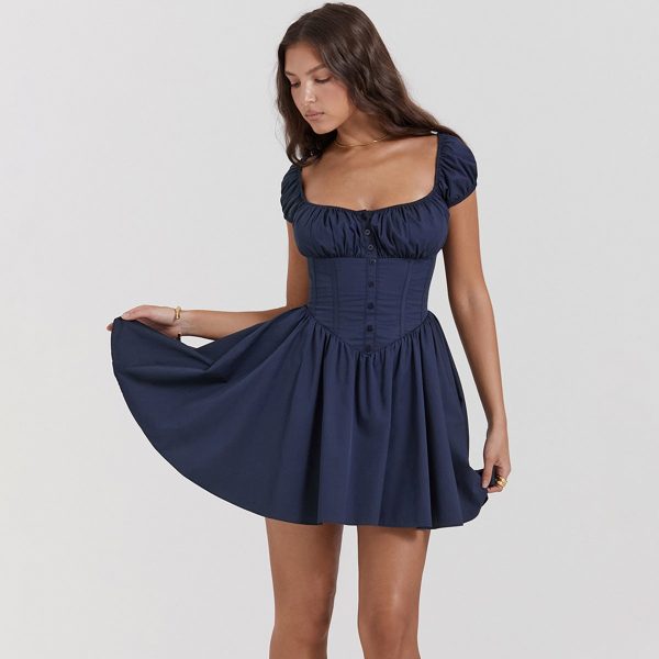 Blue Short Sleeve Buttoned Frill Mini Dress Blue Short Sleeve Buttoned Frill Mini Dress