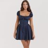 Blue Short Sleeve Buttoned Frill Mini Dress Blue Short Sleeve Buttoned Frill Mini Dress