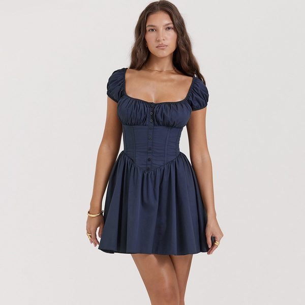 Blue Short Sleeve Buttoned Frill Mini Dress Blue Short Sleeve Buttoned Frill Mini Dress