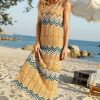 Boho Striped Semi Sheer Crochet Knit Beach Vacation Midi Sundress - Orange Boho Striped Semi Sheer Crochet Knit Beach Vacation Midi Sundress - Orange