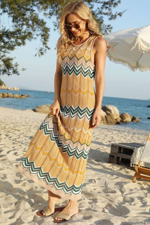Boho Striped Semi Sheer Crochet Knit Beach Vacation Midi Sundress - Orange Boho Striped Semi Sheer Crochet Knit Beach Vacation Midi Sundress - Orange