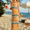 Boho Striped Semi Sheer Crochet Knit Beach Vacation Midi Sundress - Orange Boho Striped Semi Sheer Crochet Knit Beach Vacation Midi Sundress - Orange
