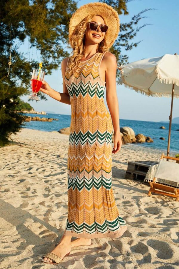Boho Striped Semi Sheer Crochet Knit Beach Vacation Midi Sundress - Orange Boho Striped Semi Sheer Crochet Knit Beach Vacation Midi Sundress - Orange