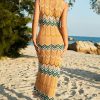 Boho Striped Semi Sheer Crochet Knit Beach Vacation Midi Sundress - Orange Boho Striped Semi Sheer Crochet Knit Beach Vacation Midi Sundress - Orange