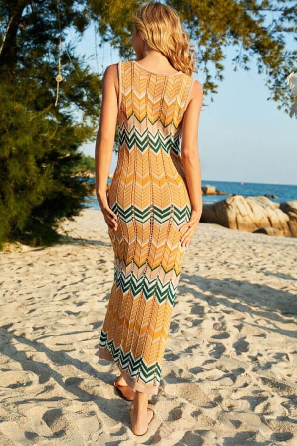 Boho Striped Semi Sheer Crochet Knit Beach Vacation Midi Sundress - Orange Boho Striped Semi Sheer Crochet Knit Beach Vacation Midi Sundress - Orange