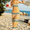 Boho Striped Semi Sheer Crochet Knit Beach Vacation Midi Sundress - Orange Boho Striped Semi Sheer Crochet Knit Beach Vacation Midi Sundress - Orange