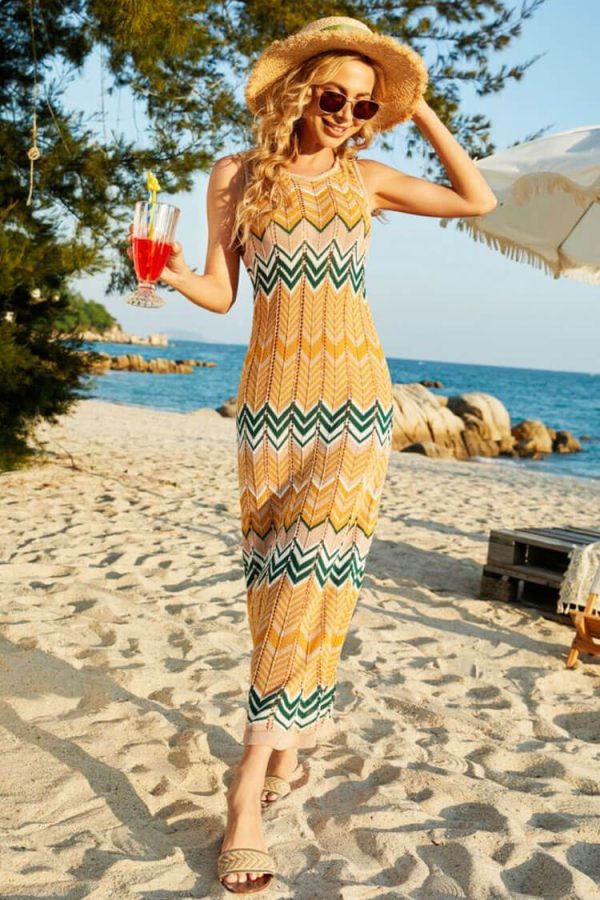 Boho Striped Semi Sheer Crochet Knit Beach Vacation Midi Sundress - Orange Boho Striped Semi Sheer Crochet Knit Beach Vacation Midi Sundress - Orange