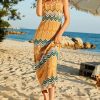 Boho Striped Semi Sheer Crochet Knit Beach Vacation Midi Sundress - Orange Boho Striped Semi Sheer Crochet Knit Beach Vacation Midi Sundress - Orange