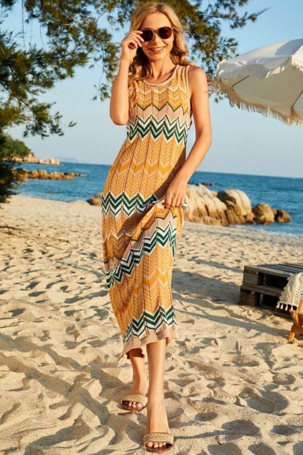 Boho Striped Semi Sheer Crochet Knit Beach Vacation Midi Sundress - Orange Boho Striped Semi Sheer Crochet Knit Beach Vacation Midi Sundress - Orange