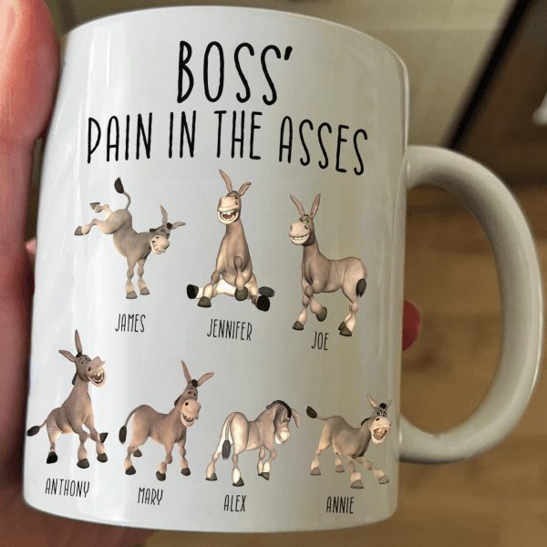 Boss' Pain in the Asses White Ceramic Mug, Personalized Office Humor Gift for Coworkers and Morning Coffee Smiles