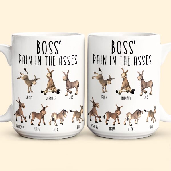 Boss' Pain in the Asses White Ceramic Mug, Personalized Office Humor Gift for Coworkers and Morning Coffee Smiles
