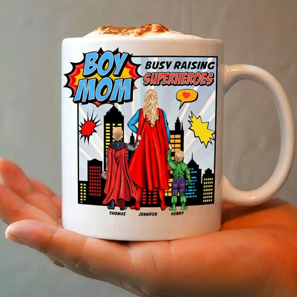 Boy Mom Busy Raising Superheroes - Personalized Ceramic Mug - Gift For Mom, Grandma | CL02 HN02 Boy Mom Busy Raising Superheroes - Personalized Ceramic Mug - Gift For Mom, Grandma | CL02 HN02
