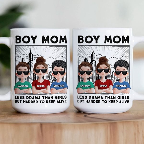 Boy Mom Mug - Less Drama Than Girls But Harder to Keep Alive - Perfect Gift for Moms of Boys, Mother's Day Gift, Personalized with Your Kids' Names, White Ceramic Mug Boy Mom Mug - Less Drama Than Girls But Harder to Keep Alive - Perfect Gift for Moms of Boys, Mother's Day Gift, Personalized with Your Kids' Names, White Ceramic Mug