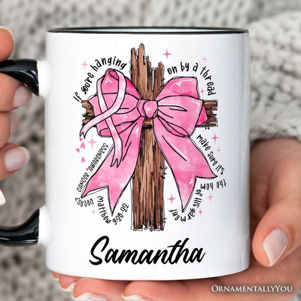 Breast Cancer Pink Bow Cross Personalized Mug, Awareness Faith Christian Gift with Custom Name Breast Cancer Pink Bow Cross Personalized Mug, Awareness Faith Christian Gift with Custom Name