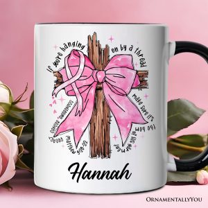 Breast Cancer Pink Bow Cross Personalized Mug, Awareness Faith Christian Gift with Custom Name