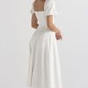 Breezy Off Shoulder Tie Front Puff Sleeve High Slit Midi Sundress - White Breezy Off Shoulder Tie Front Puff Sleeve High Slit Midi Sundress - White