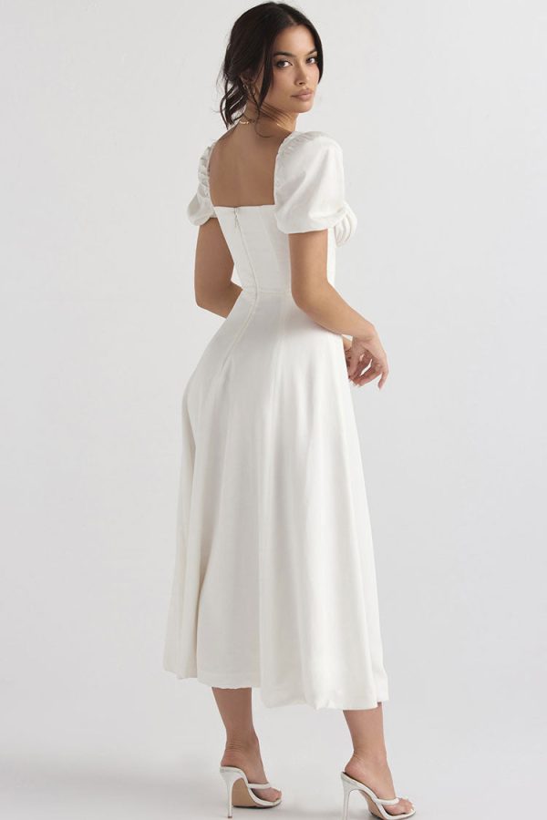 Breezy Off Shoulder Tie Front Puff Sleeve High Slit Midi Sundress - White Breezy Off Shoulder Tie Front Puff Sleeve High Slit Midi Sundress - White