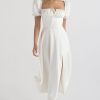Breezy Off Shoulder Tie Front Puff Sleeve High Slit Midi Sundress - White Breezy Off Shoulder Tie Front Puff Sleeve High Slit Midi Sundress - White