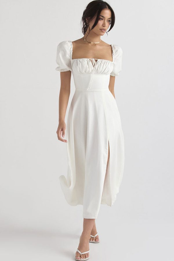 Breezy Off Shoulder Tie Front Puff Sleeve High Slit Midi Sundress - White Breezy Off Shoulder Tie Front Puff Sleeve High Slit Midi Sundress - White