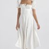 Breezy Off Shoulder Tie Front Puff Sleeve High Slit Midi Sundress - White Breezy Off Shoulder Tie Front Puff Sleeve High Slit Midi Sundress - White