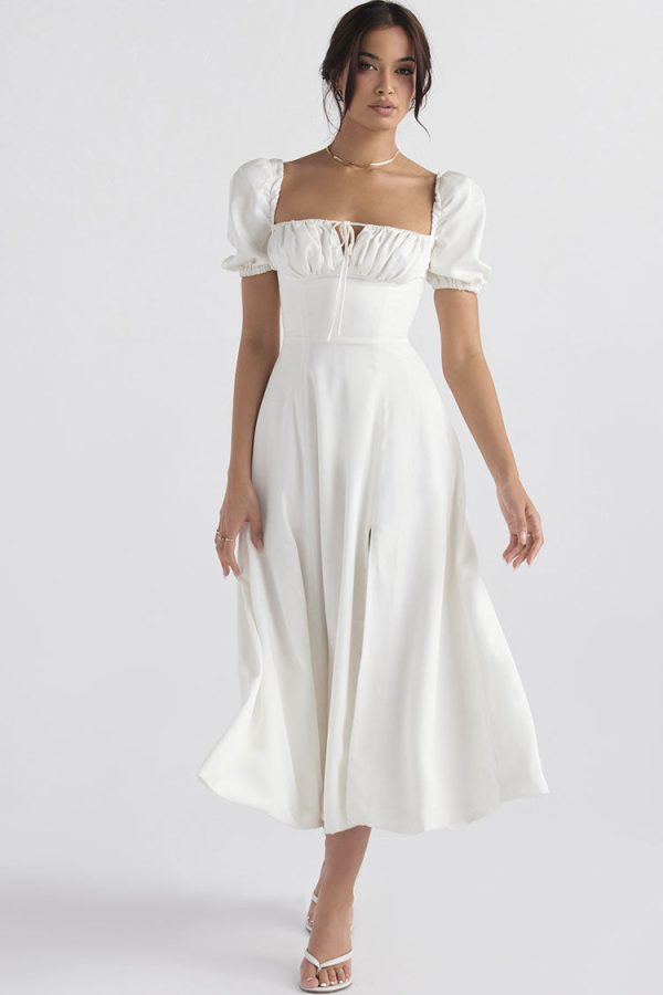 Breezy Off Shoulder Tie Front Puff Sleeve High Slit Midi Sundress - White Breezy Off Shoulder Tie Front Puff Sleeve High Slit Midi Sundress - White