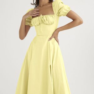 Breezy Off Shoulder Tie Front Puff Sleeve High Slit Midi Sundress - Yellow
