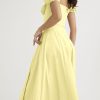 Breezy Off Shoulder Tie Front Puff Sleeve High Slit Midi Sundress - Yellow